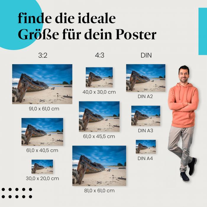 Schiffswrack, Poster: Strand, blauer Himmel, Wolken.