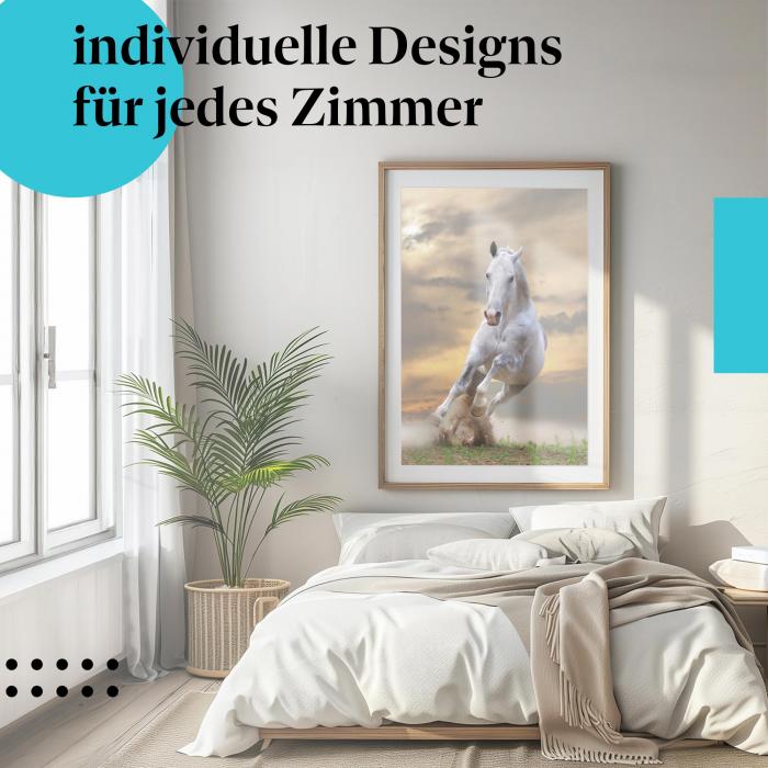 Schlafzimmer Deko: Modernes Zimmer mit "Schimmel" Poster. Wanddeko für Pferdefreunde.