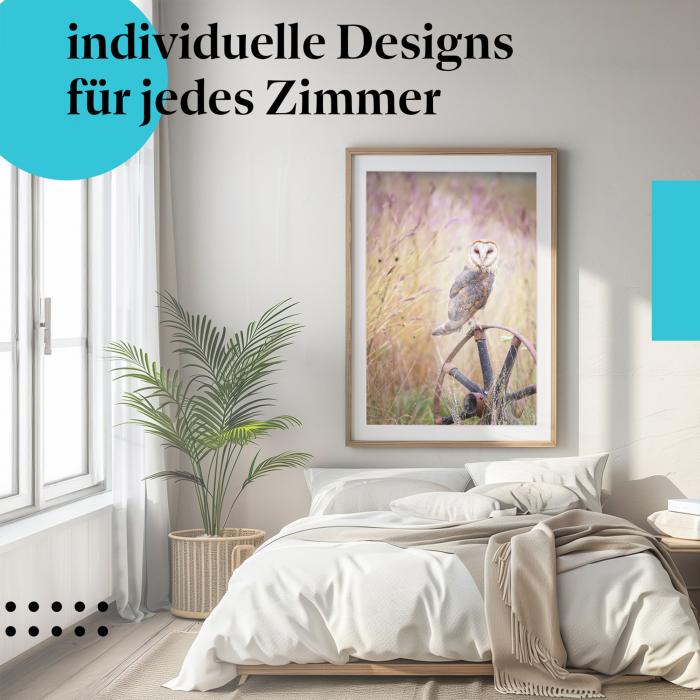 Schlafzimmer Deko: Modernes Schlafzimmer mit "Schleiereule" Poster. Mystische Wanddeko für Tierliebhaber.