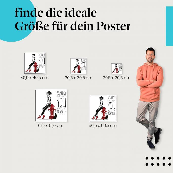 Wähle die ideale Postergröße: "Wahre Schönheit beginnt in dem Moment..." - Fashion Illustration Frau mit Katze.