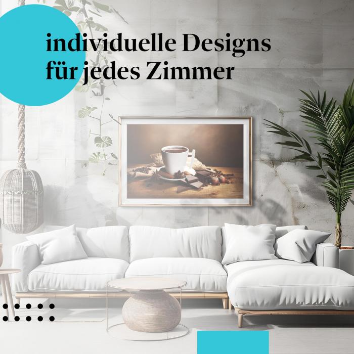 Schlafzimmer Deko: "Heiße Schokolade" Poster im minimalistischen Schlafzimmer. Wanddeko für Schokoladen-Liebhaber.