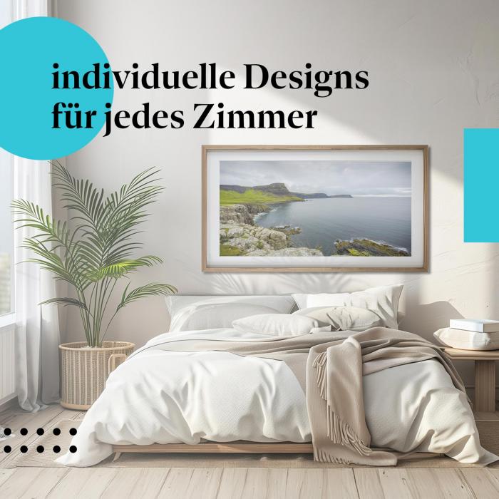 Schlafzimmer Deko: Modernes Zimmer mit "Schottische Klippen" Poster. Wanddeko für Natur-Fans.