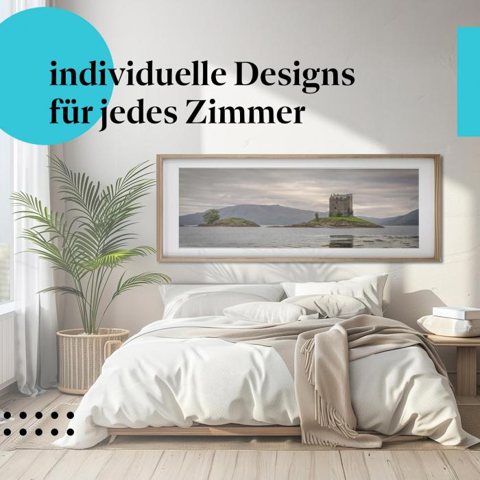 Schlafzimmer Deko: "Schloss" Poster. Wanddeko im minimalistischen Schlafzimmer.