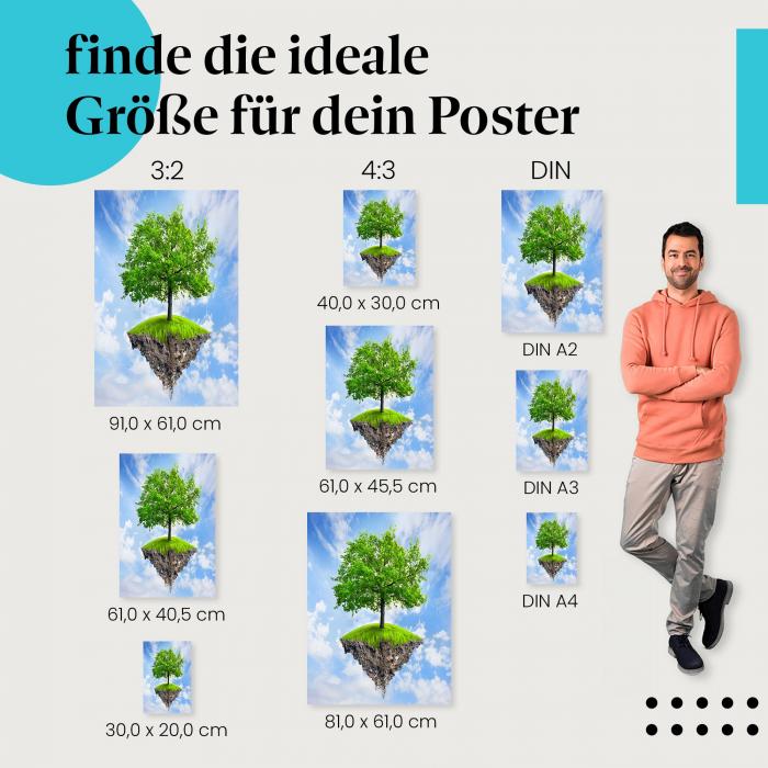 Finde die ideale Postergröße: Schwebende Insel mit Baum, Wolken, blauer Himmel.