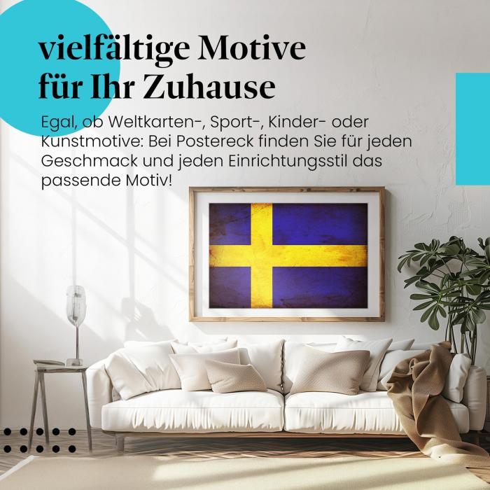 Stylisches Leinwandbild: Schwedische Vintage Flagge im Grunge-Look. Wanddeko für Schweden-Fans.