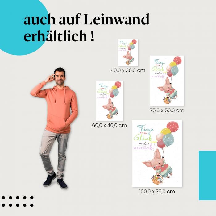 Schweinchen: Leinwandbild. Luftballons, "Fliege zum Glück...".