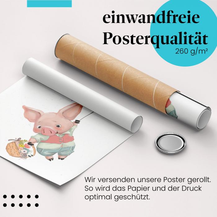 Gerolltes Poster "Schweinchen". Glück & Freude, sicher verpackt.