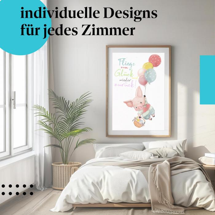 Schlafzimmer Deko: Kinderzimmer mit "Schweinchen" Leinwandbild. Lustige Deko für kleine Abenteurer.