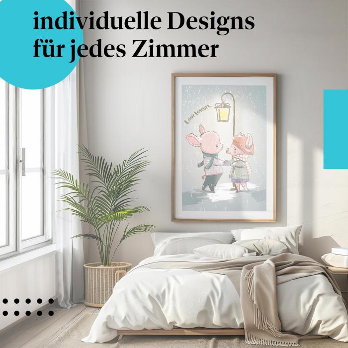 Schlafzimmer Deko: "Schweinchen" Poster - Liebe & Romantik im Winter.