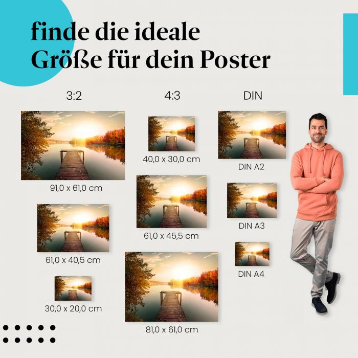 Entdecke die passende Postergröße: Steg am See, herbstliche Bäume, Sonnenuntergang.