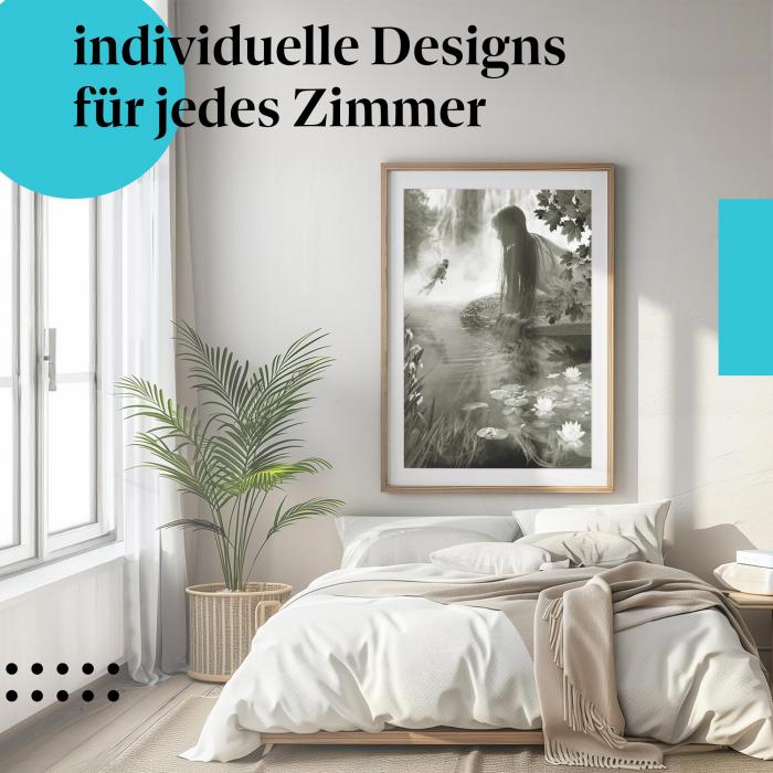 Schlafzimmer Deko: "Mädchen & Vogel" Poster im modernen Schlafzimmer. Märchenhafte Wanddeko.