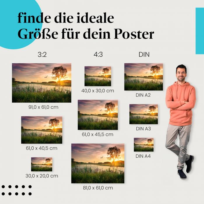 Entdecke die passende Postergröße: Baum am Seeufer, Sonnenaufgang, Vogel.