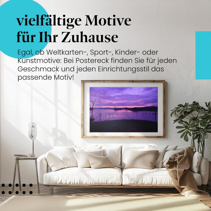 Dieses Leinwandbild mit dem See im Sonnenuntergang ist ein Hingucker und versprüht Ruhe und Gelassenheit.