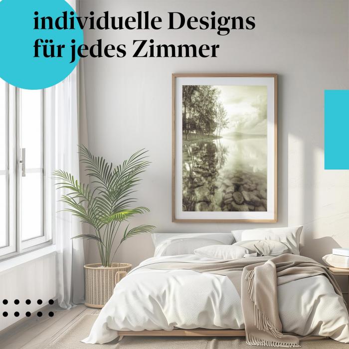 Schlafzimmer Deko: "Stille am See" Poster im minimalistischen Schlafzimmer. Wanddeko für Ruhesuchende.