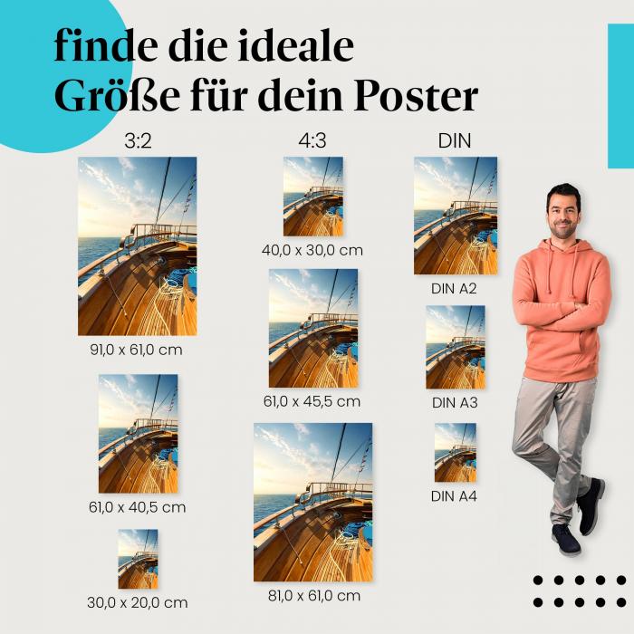 Finde die ideale Postergröße: Blick vom Segelboot, offenes Meer, blauer Himmel, Sonne.