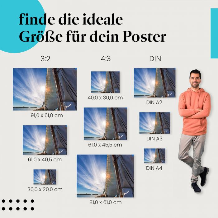 Finde die perfekte Postergröße für dein Zuhause! Segelboot, Segel, Sonne, Wolken.