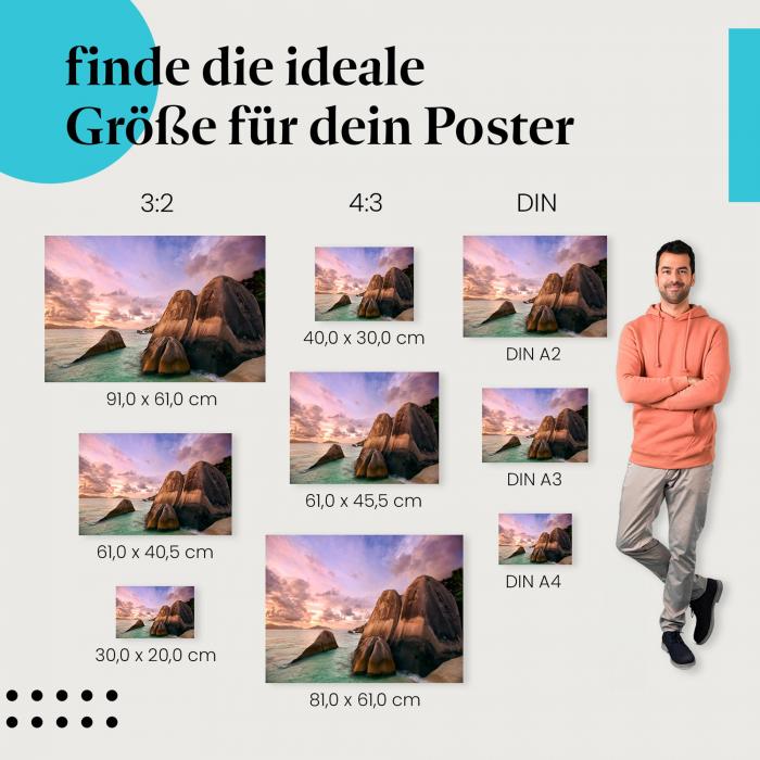 "Seychellen: Granitfelsen im Abendlicht": Poster - Strand, Sonnenuntergang & Natur