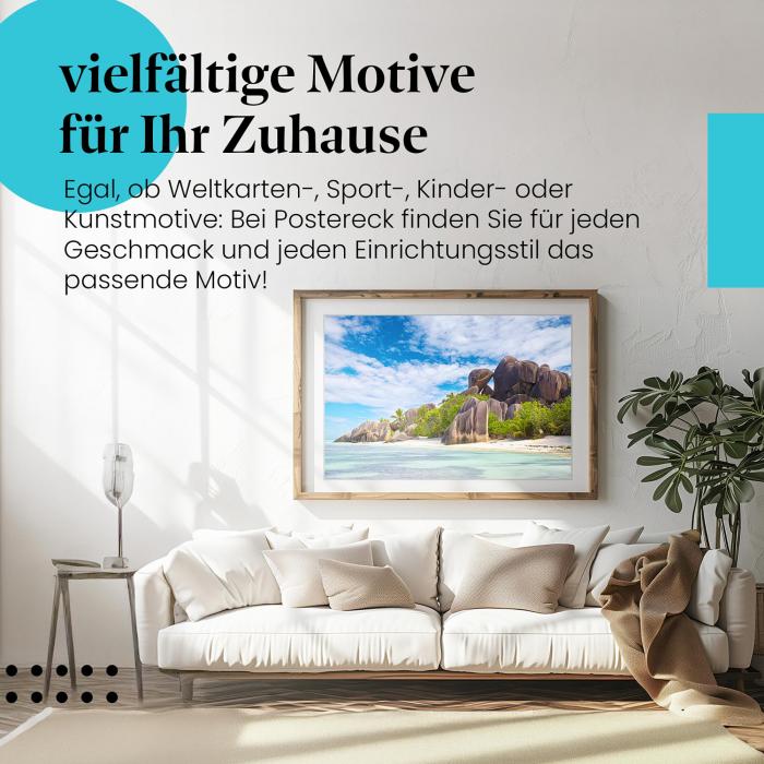 Dieses Leinwandbild mit den Felsen versprüht Urlaubsfeeling und ist ein Hingucker für alle, die die Seychellen lieben.