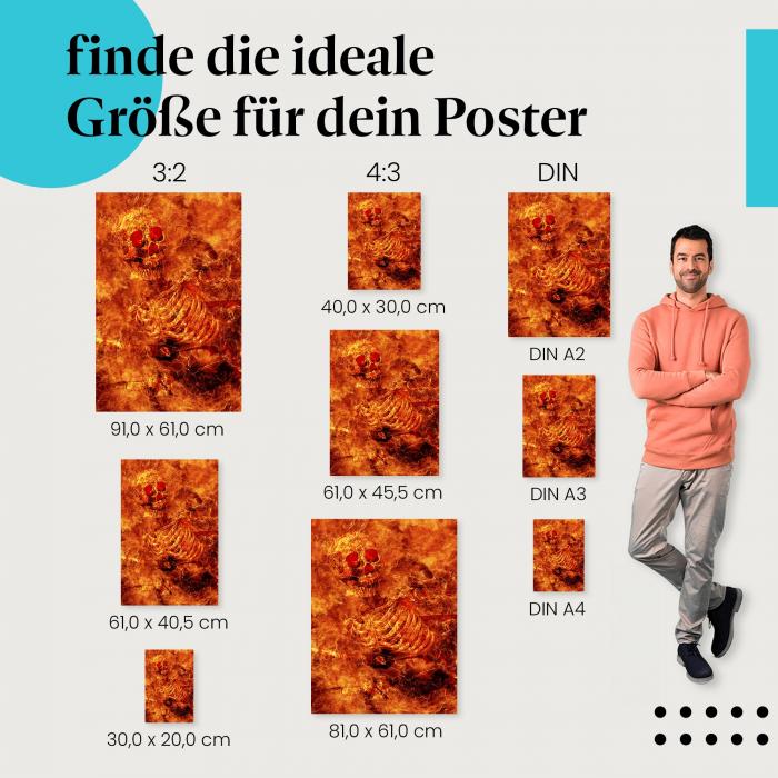 Entdecke die passende Postergröße: Skelett in Flammen, glühende Augen - düstere Atmosphäre.