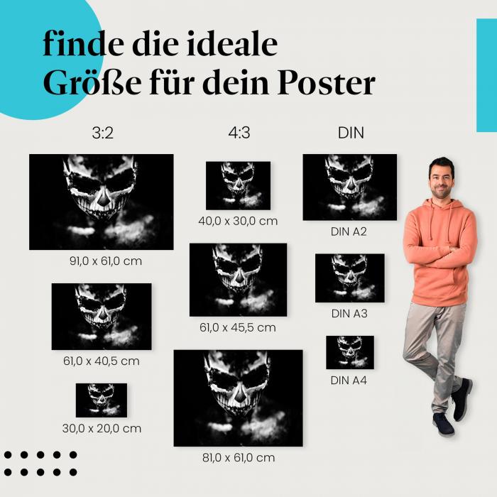 Entdecke die passende Postergröße: Skelett-Make-up, Schwarzweiß-Porträt, düster.