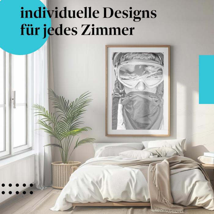 Schlafzimmer Deko: "Skifahrerblick" Poster in modernem Schlafzimmer. Wanddeko für Wintersportfans.