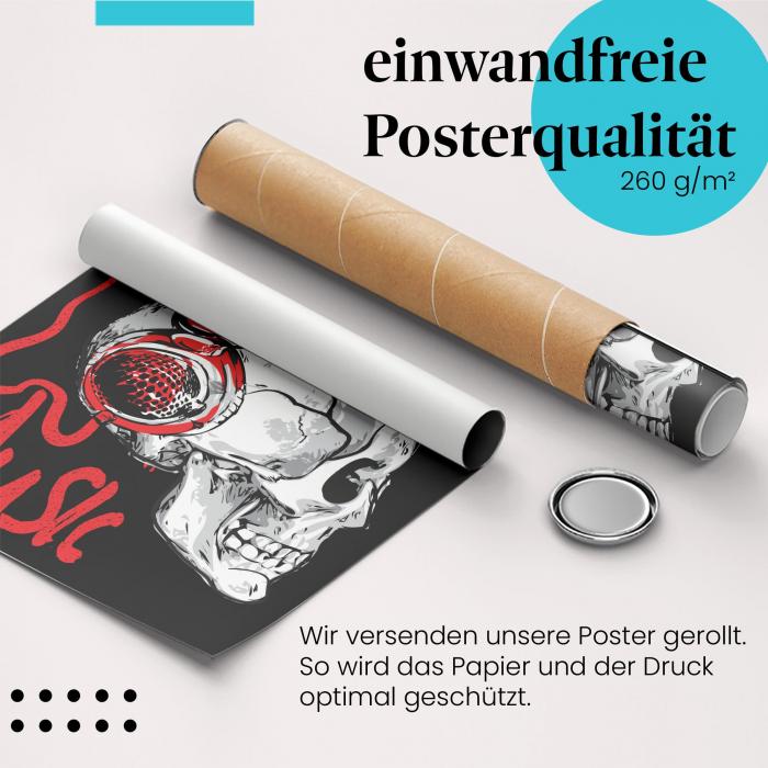 Gerolltes Poster "Non-Stop Music" mit Totenkopf Motiv. Ideal für Musikfans, hochwertiger Druck, sicher verpackt.