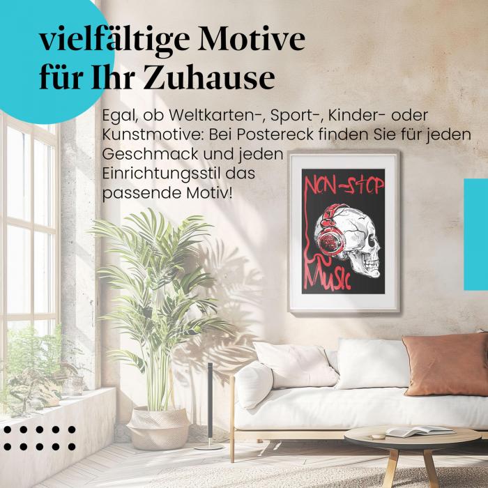 Gerahmtes Leinwandbild "Non-Stop Music" Totenkopf in stylischem Wohnzimmer. Ideal für Musikliebhaber.