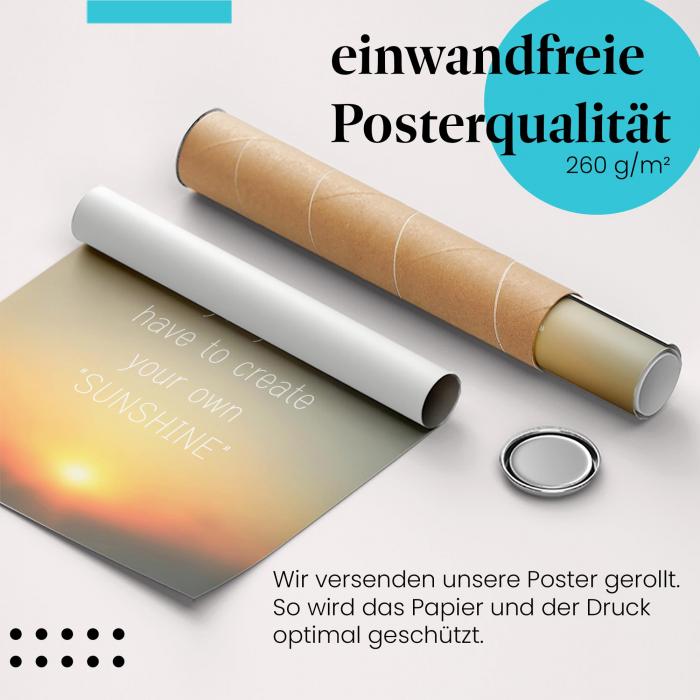 Gerolltes Poster "Sonnenuntergang & Glück". Selbstmotivation, sicher verpackt.