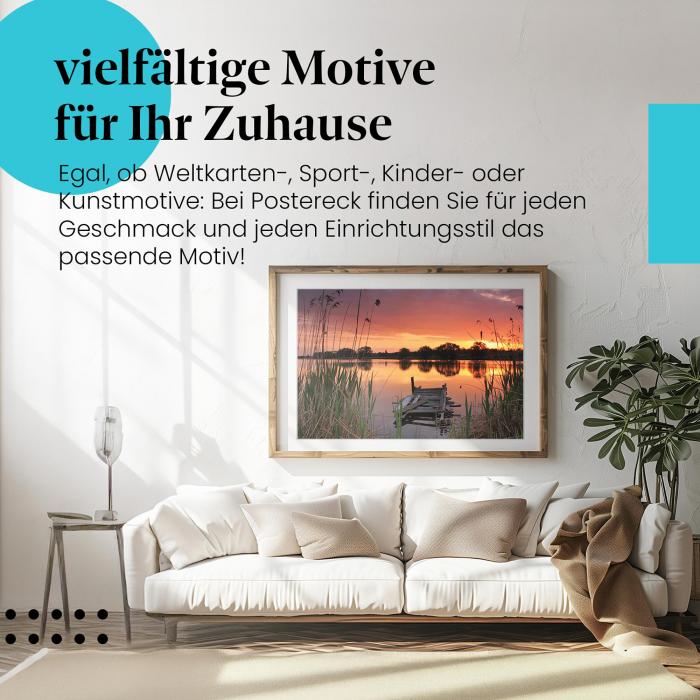 Dieses Leinwandbild mit dem See im Sonnenuntergang ist ein Hingucker und versprüht Ruhe und Entspannung.