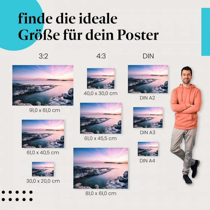 Felsenküste, Poster: Sonnenuntergang, Meer, friedlich.