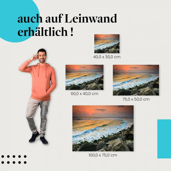 Sonnenuntergang: Leinwandbild. Meer, Wellen, Felsen, warme Farben.