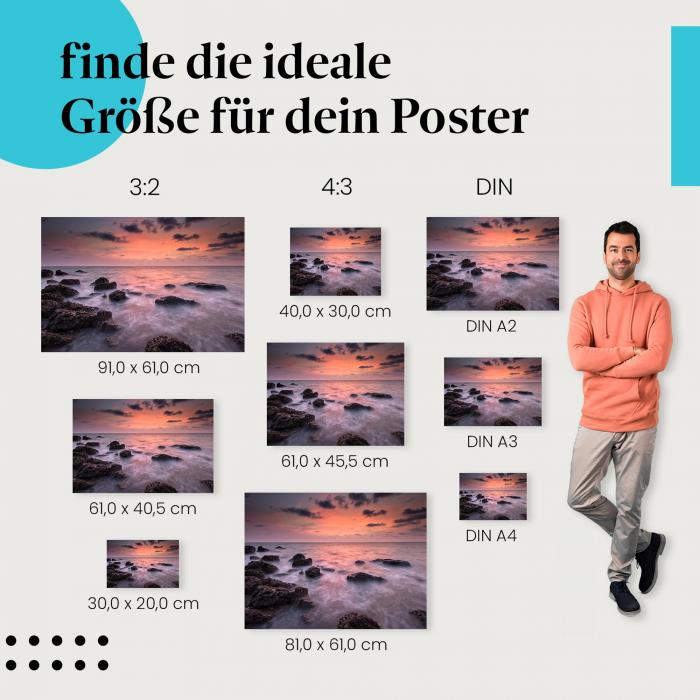 "Farbenspiel am Horizont: Sonnenuntergang am Meer": Poster - Wellen, Felsen & Abendstimmung