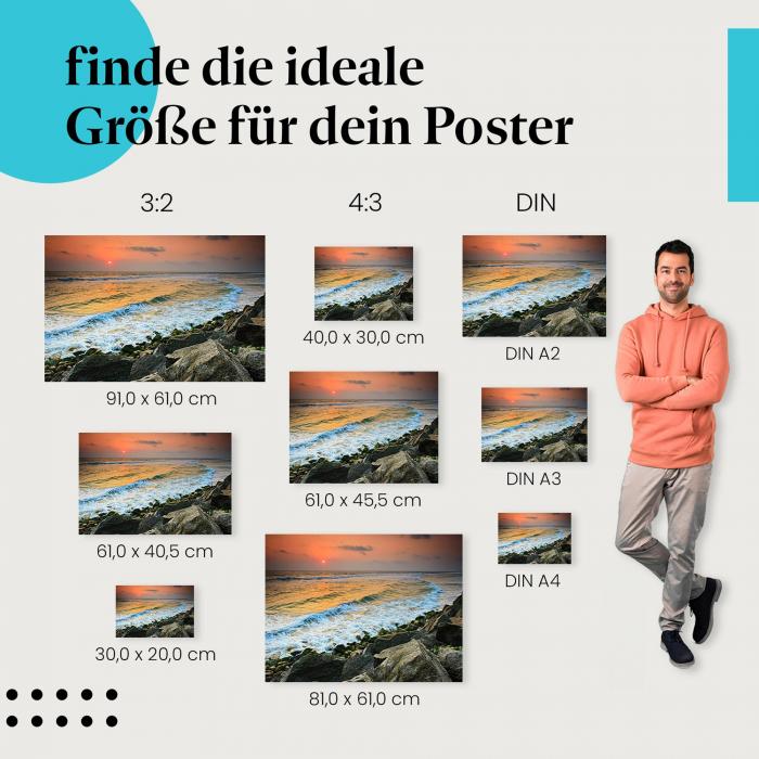 Sonnenuntergang, Poster: Meer, Wellen, Felsen.