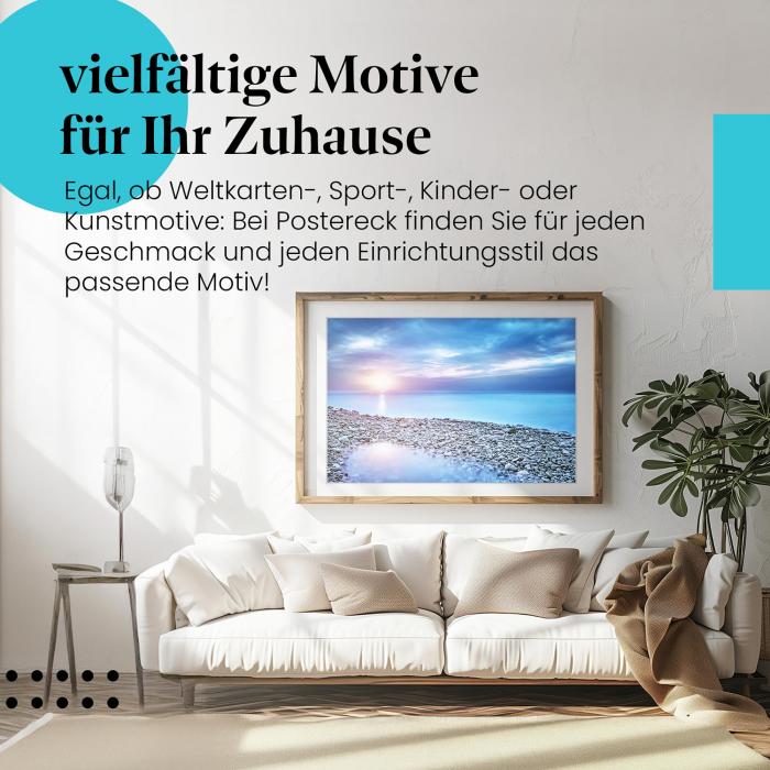 Dieses Leinwandbild mit dem Sonnenuntergang am Meer bringt Ruhe und Urlaubsfeeling in Ihr Zuhause.