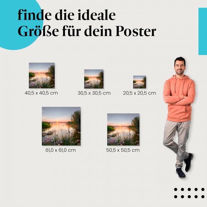 Finde die perfekte Postergröße: See, Sonnenuntergang, rosa Blüten.