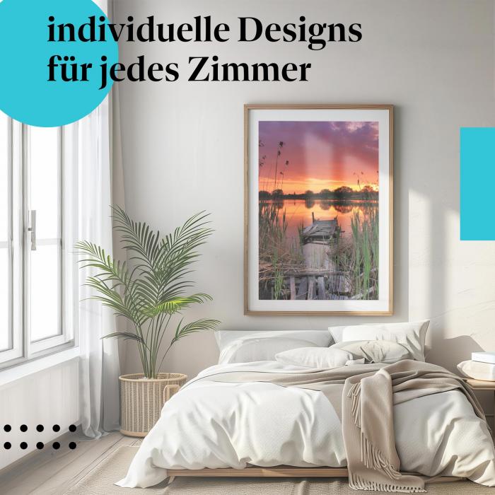 See Poster: "Idyllischer Sonnenuntergang" - Seeufer, Steg & Abendhimmel