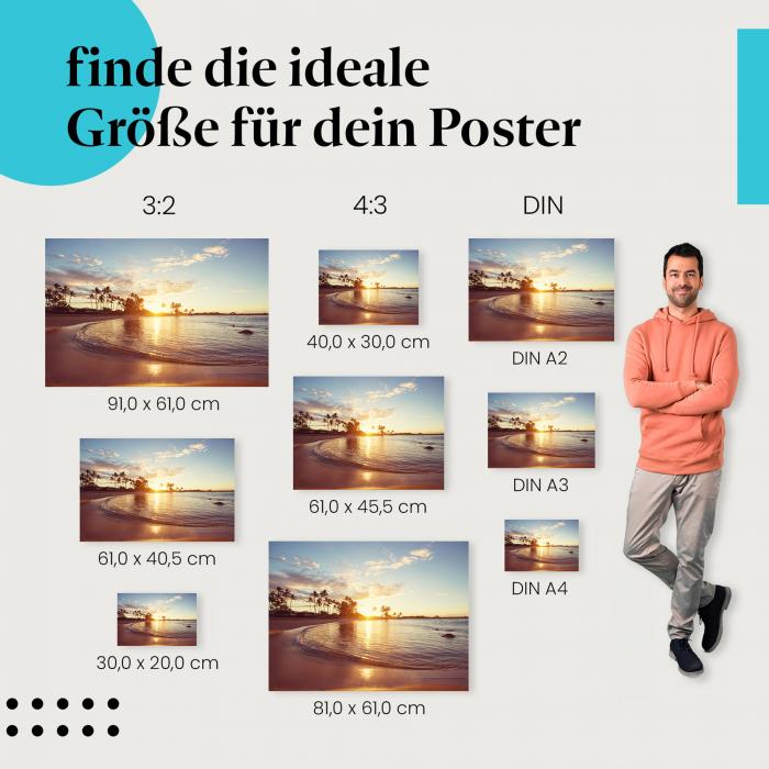 Entdecke die passende Postergröße: Palmenstrand, Sonnenuntergang, warme Farben, Entspannung.