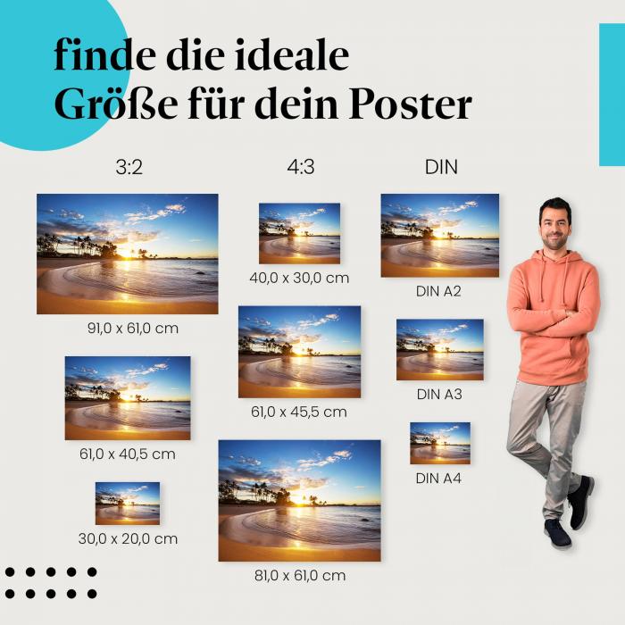 Sonnenuntergang, Poster: Strand, Palmen, goldenes Licht.