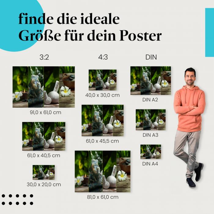 Finde die ideale Postergröße: Spa: Buddha, Kräuter, Kerzen, Frangipani.