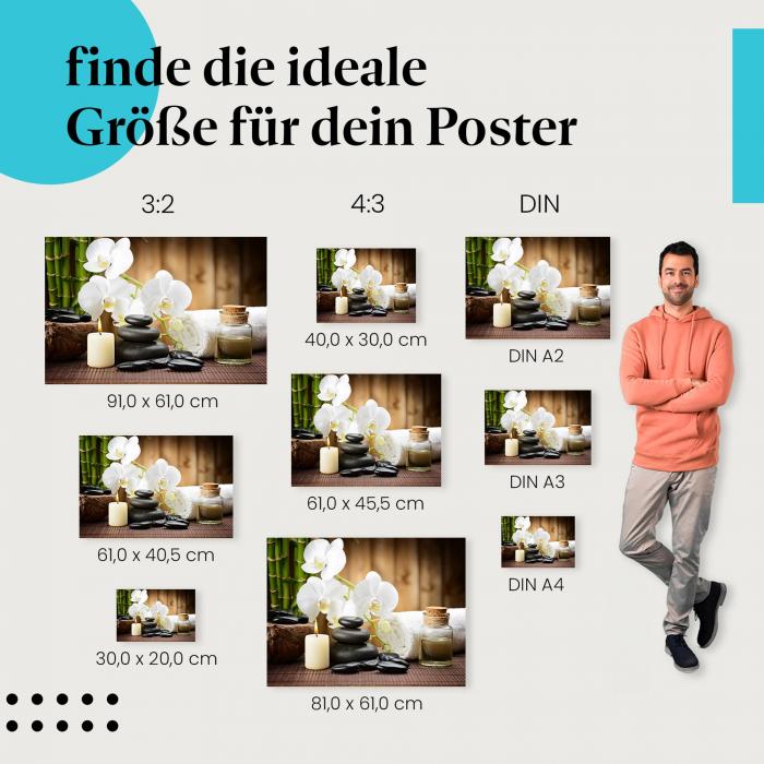 Entdecke die passende Postergröße: Wellness: Öl, Kerze, Steine, Orchideen, Handtuch.