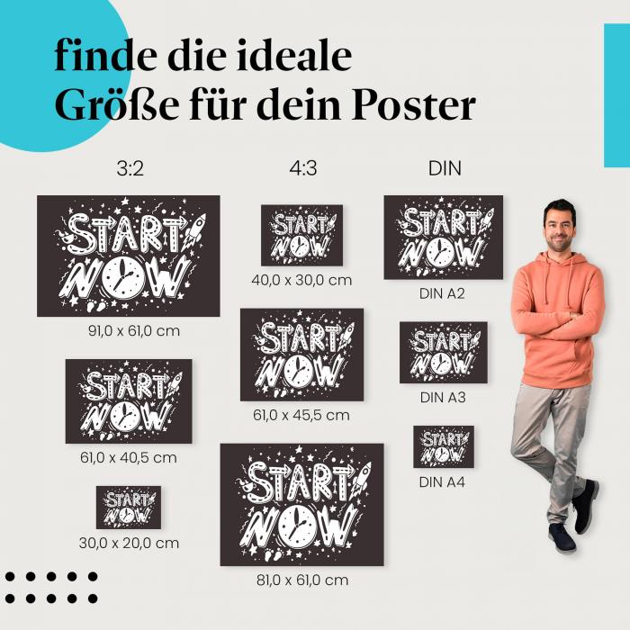 Finde die ideale Postergröße: "Start Now", Uhr, Rakete, Fußabdrücke, Motivation.