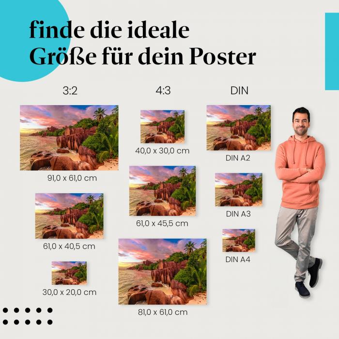 Strand, Poster: Granitfelsen, Palmen, türkis, Sonnenuntergang.