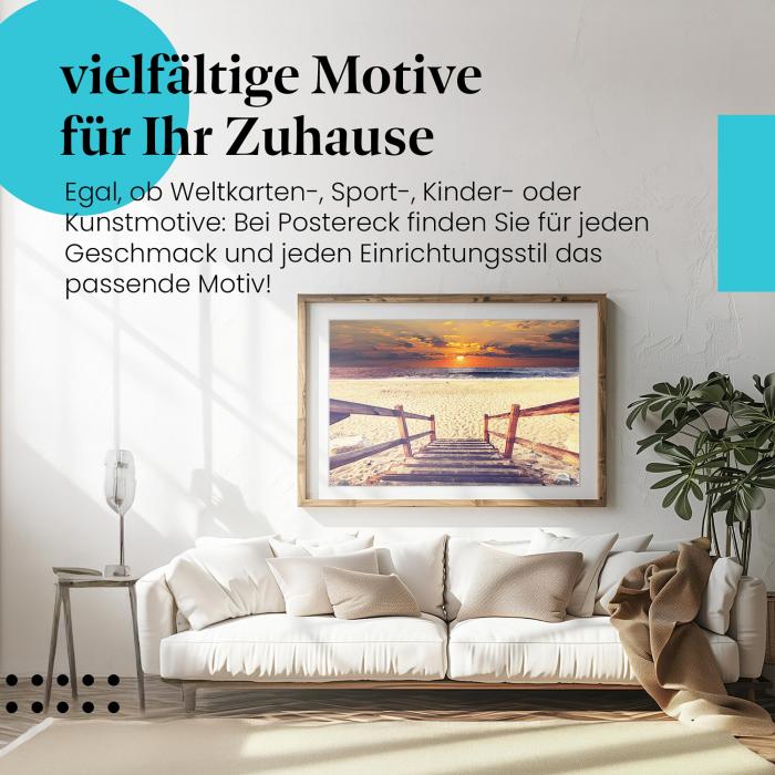 Dieses Leinwandbild mit dem Strand und dem Sonnenuntergang versprüht Urlaubsfeeling und lässt Sie träumen.