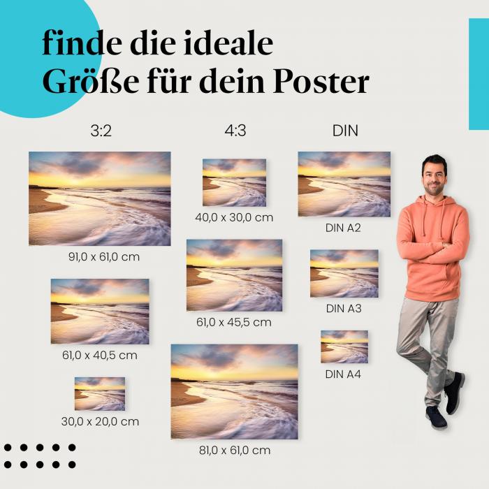 Strand, Poster: Wellen, Sand, Sonnenaufgang.