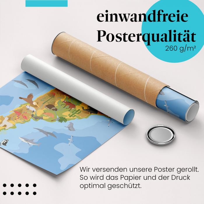 Gerolltes Poster "Tierwelt Südamerikas". Fauna & Geographie, sicher verpackt.