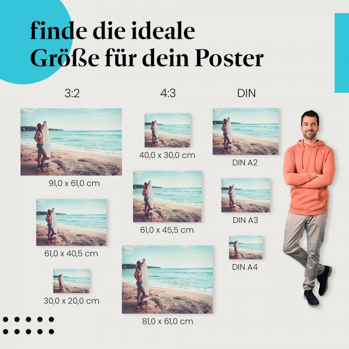 Surferin, Poster: Strand, Surfbrett, Meer, weißes Top, Jeans.