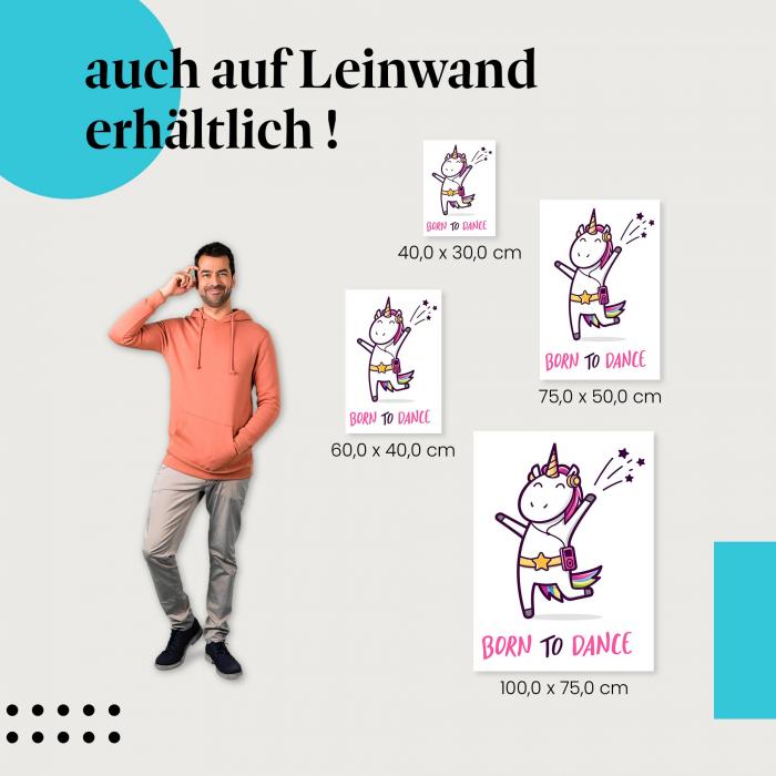 Einhorn: Leinwandbild. "Geboren zum Tanzen", Kopfhörer, MP3-Player.