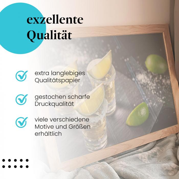 Gerahmtes Bild "Tequila Shots". Tequila, Limette, Salz, Partystimmung.