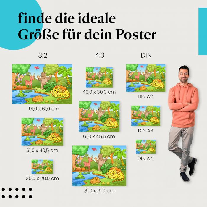 Entdecke die passende Postergröße: Tiere im Wald: Tiger, Bär, Reh - fröhliches Motiv.