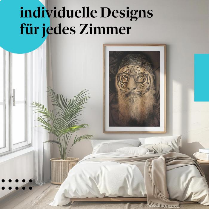 Poster "Tigerkopf mit Bart": Cool und stilvoll zugleich - perfekt für dein Schlafzimmer!